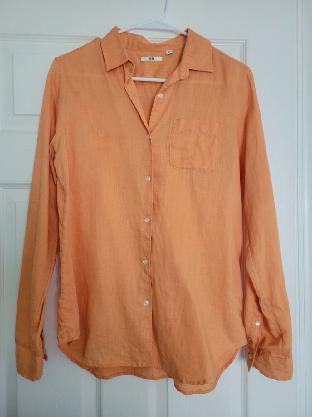 Uniqlo Womens Linen blouse Orange Medium European Premium Long sleeve Preppy